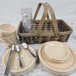 Picnic Basket Set Carlisle Kingsline Dinner, Salad Plates, Bowls, Spoons, Forks. Fixed Price $30.69.