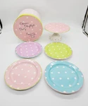 Cake Stand Pedestal & 4 Dessert Plates Polka Dots Pastels W Orig Box By Rosanna. Fixed Price $55.00.