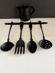 Vintage Early American Cast Iron Kitchen Tool Set & Coffee Pot Wall Hanging. Fixed Price $35.00.