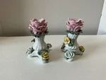 Set Of 2 Vintage Porcelain Floral Taper Candle Holders Applied Pastel Roses 4". Fixed Price $8.00.