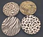 Gibson Home Animal Print Salad Plate 4 Piece Set Leopard Cheetah Zebra 7.5". Fixed Price $28.00.