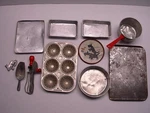 Vtg 11 Pc Lot Of Childrens Toy Kitchen Cookware Metal Pans Tray Muffin Scoop Old. Fixed Price $10.99.