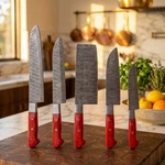 Handmade Damascus Steel 5PC Chef Knife Set For Kitchen Cooking With Roll Bag. Fixed Price $124.00.