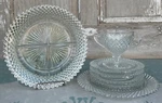 Miss America Depression Glass Saucers Salad & Relish Plate Open Sugar Bowl Euc. Fixed Price $24.76.