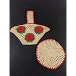 Vintage Kitchen Potholders Red Roses Crocheted Doily Style Basket Wall Hanging. Fixed Price $15.00.