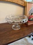 Vtg Glass Cake Stand Round Old Colony Open Lace Rum Well 12X7". Fixed Price $39.20.