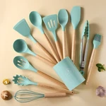 12-PIECE Wooden Handle Silicone Kitchen Utensils Set Handy Storage Bucket. Fixed Price $24.00.