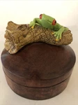 Vintage Adorable Green Tree Frog On Log Atop Hand Carved 4" Trinket Box Folk Art. Fixed Price $22.95.