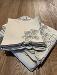 Vtg Linen Tablecloth And Napkin Set With Gray Embroidered Floral Design. Fixed Price $147.00.