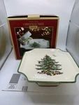Spode Nib Christmas Tree Fine Porcelain 6.5" Footed Square Cake Plate. Fixed Price $35.00.