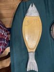 Rare Vintage Large Wood Metal Fish Buffet Cutting Serving Board Sigma. Fixed Price $100.00.